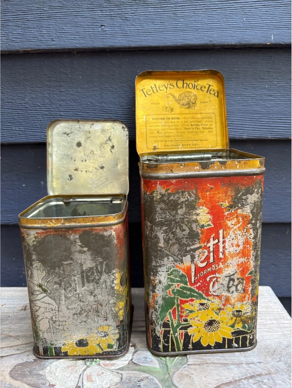 Antique Tetley Formosa Oolong Tea Tins, Distressed, Sunflower, Pair